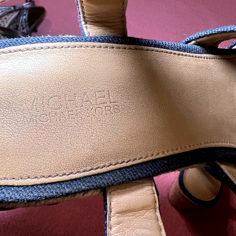 Michael Kors Berkley Navy Blue Canvas Espadrille Wedge Sandals Gold Zip 9M - Picture 6 of 9